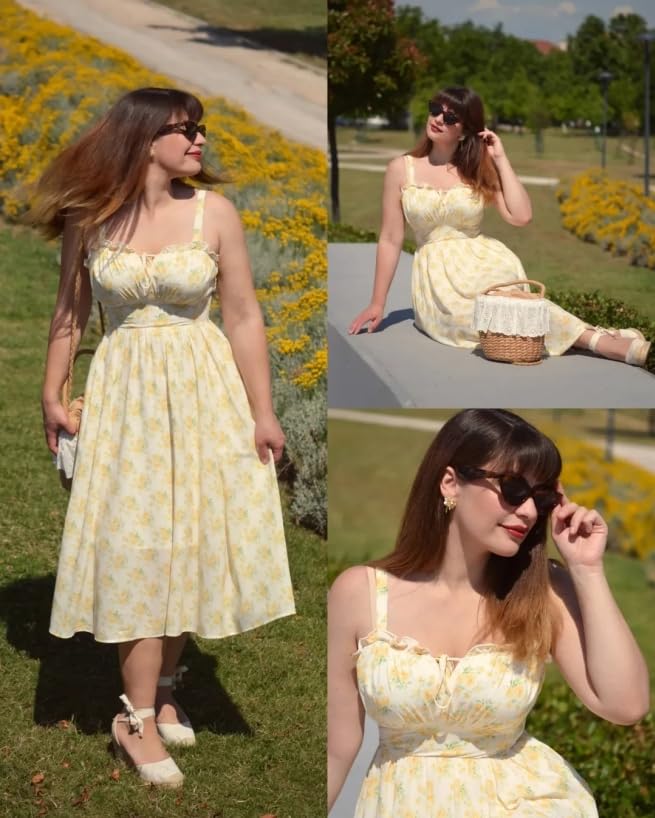 Scarlet Darkness Floral Corset Sundress Summer Dresses for Women 2025 Yellow Dress Renaissance Dress with Pocket Yellow S - Image 5