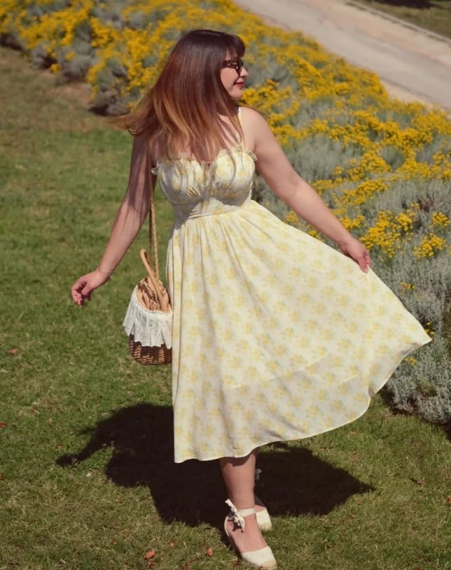 Scarlet Darkness Floral Corset Sundress Summer Dresses for Women 2025 Yellow Dress Renaissance Dress with Pocket Yellow S - Image 4