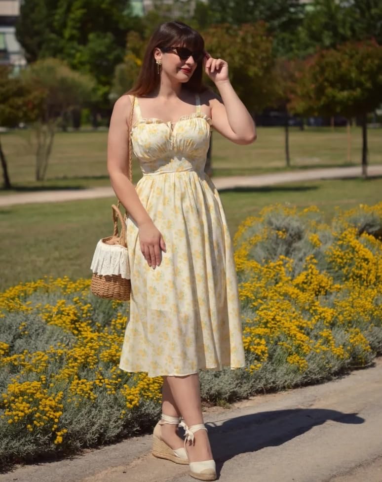 Scarlet Darkness Floral Corset Sundress Summer Dresses for Women 2025 Yellow Dress Renaissance Dress with Pocket Yellow S - Image 3