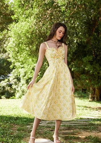 Scarlet Darkness Floral Corset Sundress Summer Dresses for Women 2025 Yellow Dress Renaissance Dress with Pocket Yellow S - Image 2