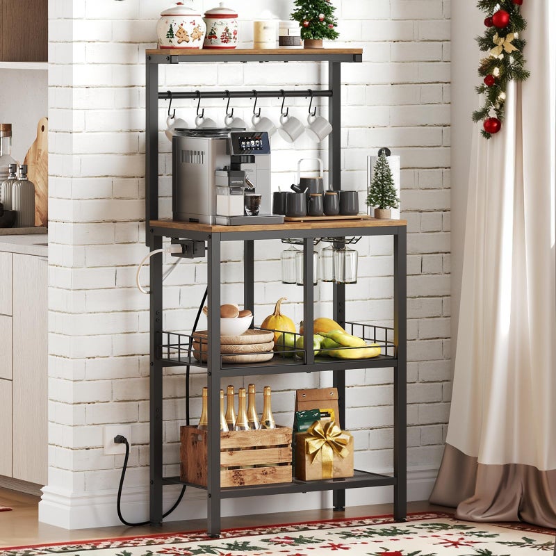 YATINEY Bakers Rack with Power Outlet, Microwave Stand with Paper Holder, Coffee Bar Station with Wine Glass Holder, 4-Tier Kitchen Storage Rack for Dining Room, Living Room, Rustic Brown HB02UBR - Image 3