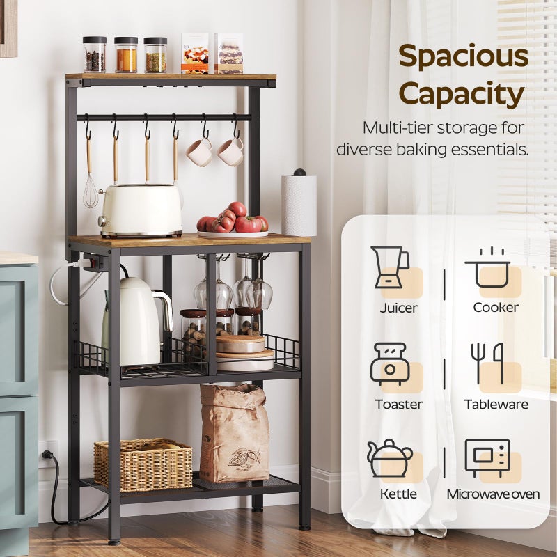 YATINEY Bakers Rack with Power Outlet, Microwave Stand with Paper Holder, Coffee Bar Station with Wine Glass Holder, 4-Tier Kitchen Storage Rack for Dining Room, Living Room, Rustic Brown HB02UBR - Image 2