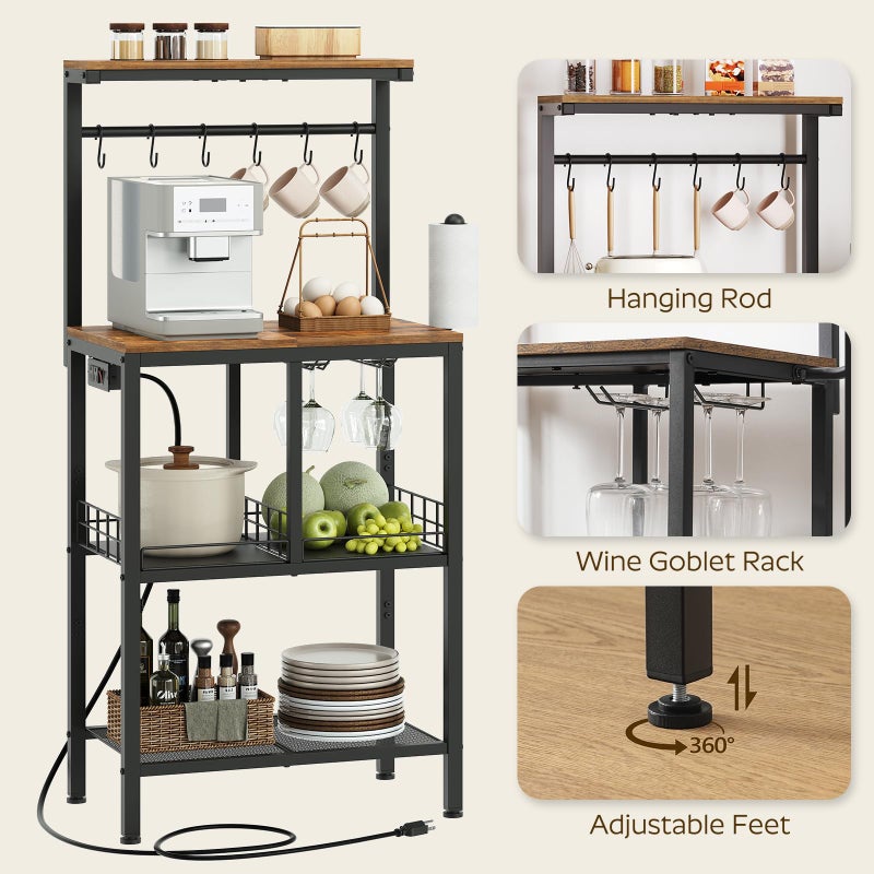 YATINEY Bakers Rack with Power Outlet, Microwave Stand with Paper Holder, Coffee Bar Station with Wine Glass Holder, 4-Tier Kitchen Storage Rack for Dining Room, Living Room, Rustic Brown HB02UBR - Image 5