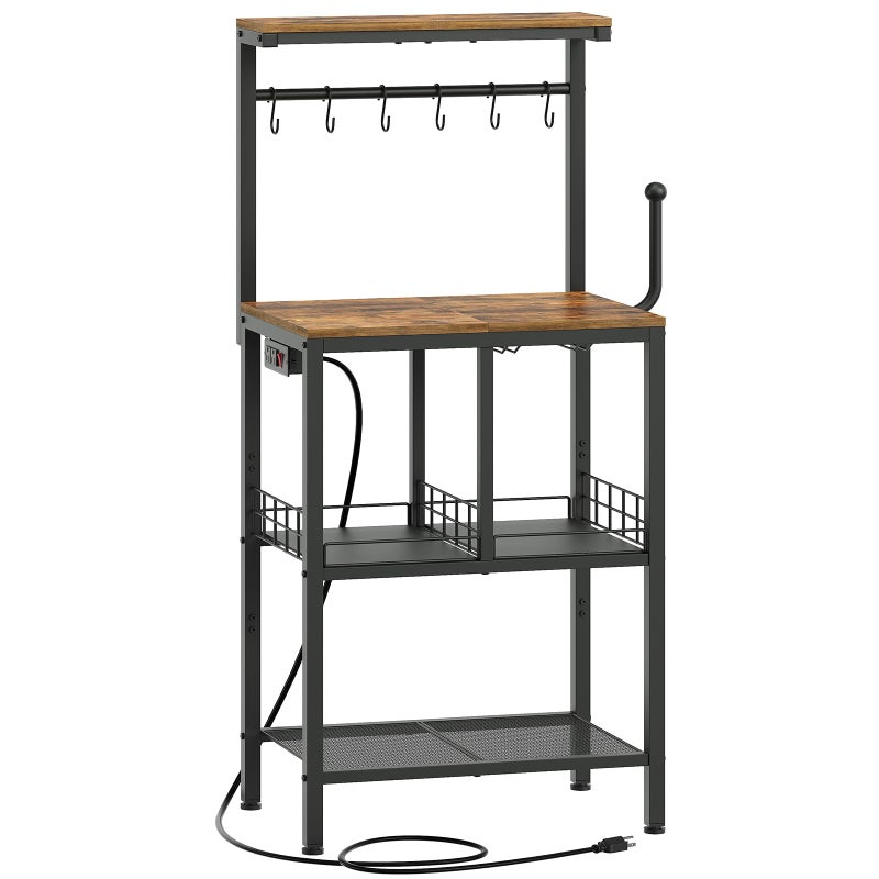 YATINEY Bakers Rack with Power Outlet, Microwave Stand with Paper Holder, Coffee Bar Station with Wine Glass Holder, 4-Tier Kitchen Storage Rack for Dining Room, Living Room, Rustic Brown HB02UBR - Image 1