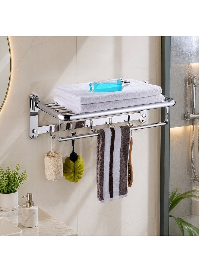 ZL 60CM Foldable Towel Holder, Stainless Steel Polished Chrome Bathroom Towel Shelf, Wall Mounted Drilling Type Multi-purpose Towel Rack with Hanging Hooks for Shower Room - Image 1