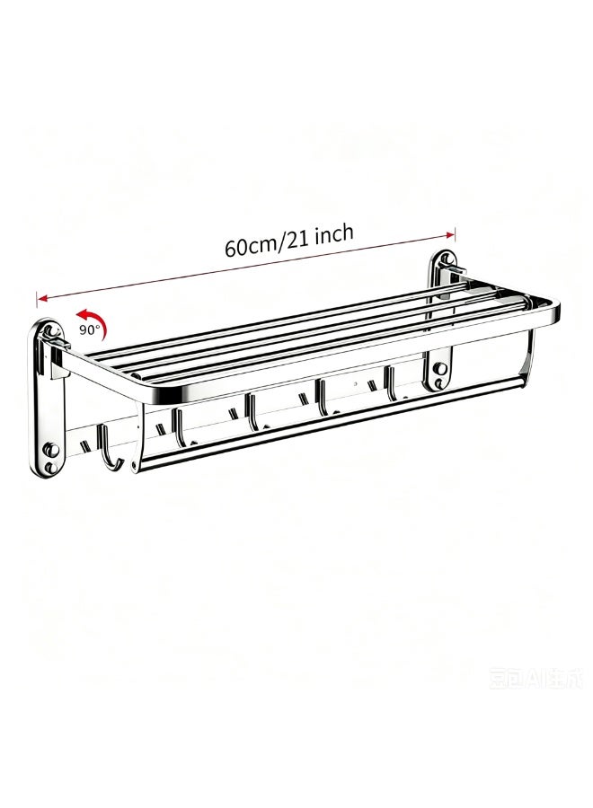 ZL 60CM Foldable Towel Holder, Stainless Steel Polished Chrome Bathroom Towel Shelf, Wall Mounted Drilling Type Multi-purpose Towel Rack with Hanging Hooks for Shower Room - Image 2