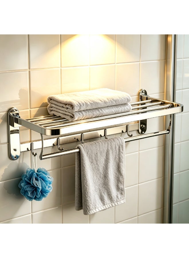 ZL 60CM Foldable Towel Holder, Stainless Steel Polished Chrome Bathroom Towel Shelf, Wall Mounted Drilling Type Multi-purpose Towel Rack with Hanging Hooks for Shower Room - Image 3