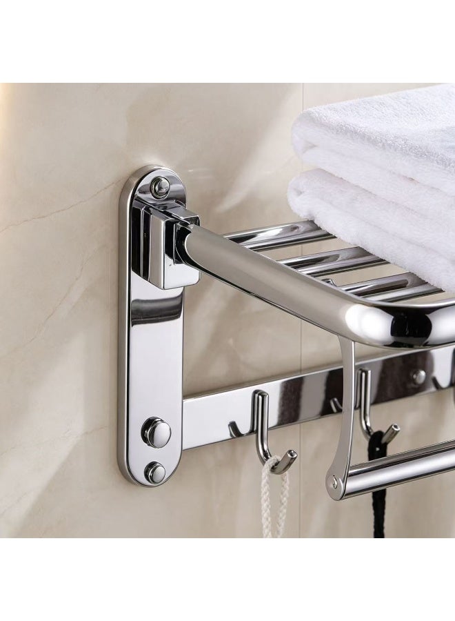 ZL 60CM Foldable Towel Holder, Stainless Steel Polished Chrome Bathroom Towel Shelf, Wall Mounted Drilling Type Multi-purpose Towel Rack with Hanging Hooks for Shower Room - Image 4