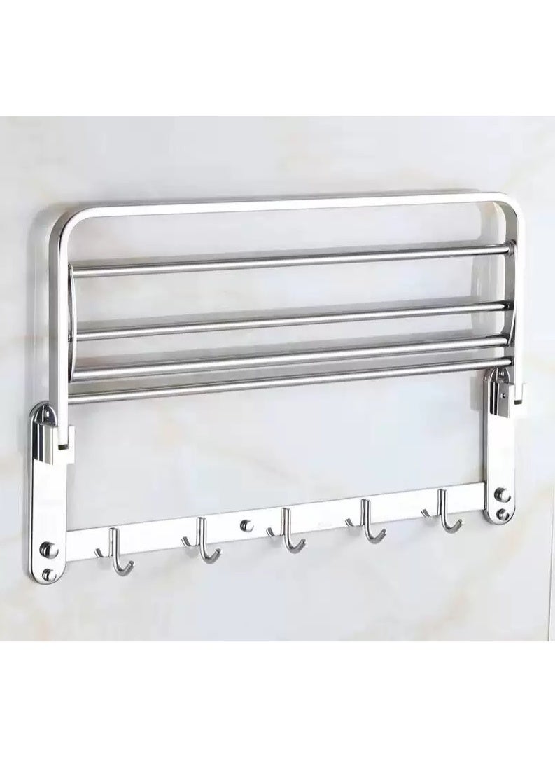 ZL 60CM Foldable Towel Holder, Stainless Steel Polished Chrome Bathroom Towel Shelf, Wall Mounted Drilling Type Multi-purpose Towel Rack with Hanging Hooks for Shower Room - Image 5