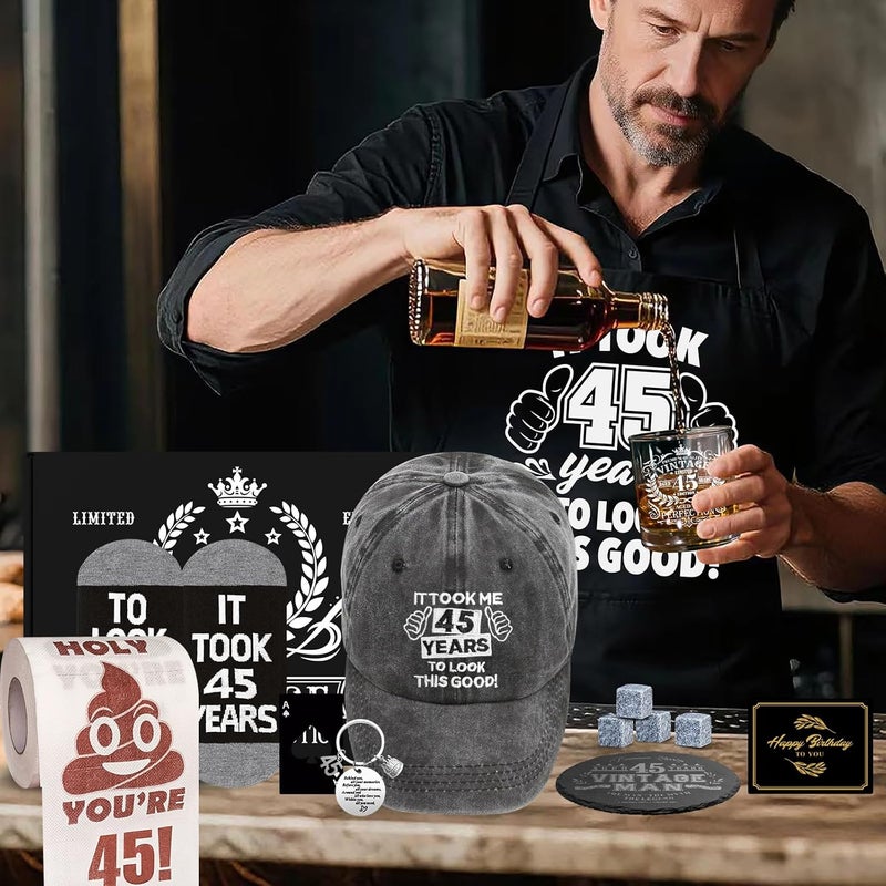 NVTROVI 45th Birthday Gifts for Men Whiskey Glass Set, 45th Birthday Party Supplies with 11 Oz Whiskey Glass Coaster Stone Baseball Cap Apron Sock Funny Toilet Paper Keychain for Him, Dad, Husband, Friends - Image 2