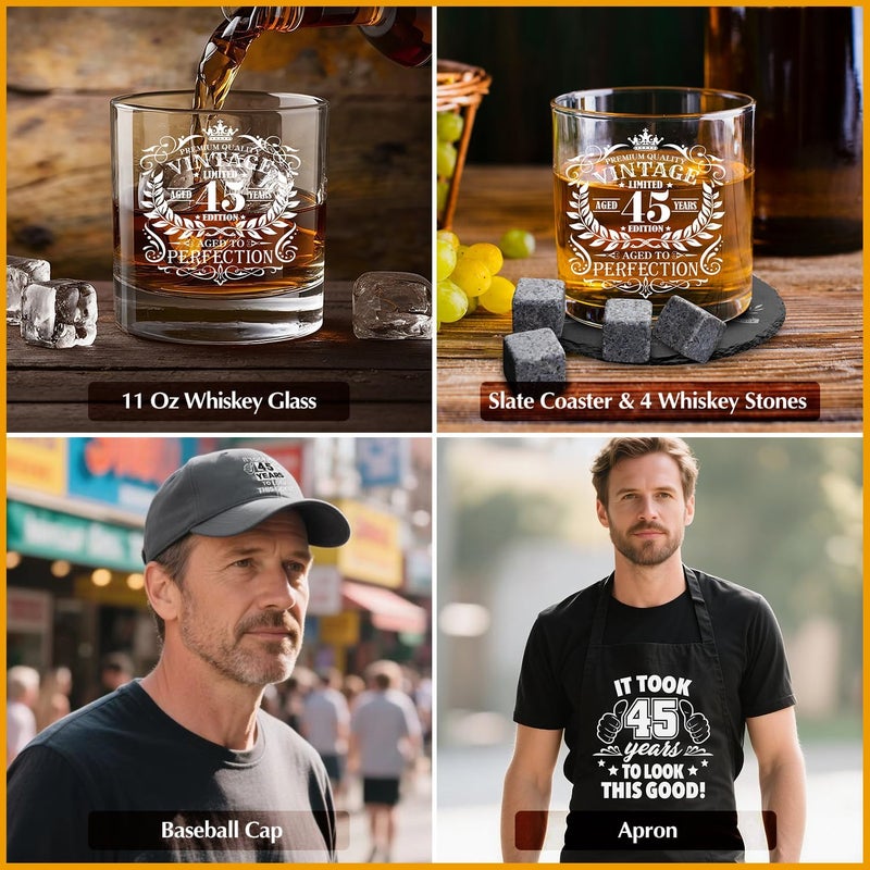 NVTROVI 45th Birthday Gifts for Men Whiskey Glass Set, 45th Birthday Party Supplies with 11 Oz Whiskey Glass Coaster Stone Baseball Cap Apron Sock Funny Toilet Paper Keychain for Him, Dad, Husband, Friends - Image 5