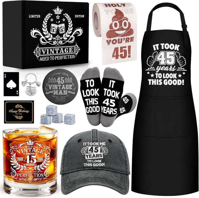 NVTROVI 45th Birthday Gifts for Men Whiskey Glass Set, 45th Birthday Party Supplies with 11 Oz Whiskey Glass Coaster Stone Baseball Cap Apron Sock Funny Toilet Paper Keychain for Him, Dad, Husband, Friends - Image 1