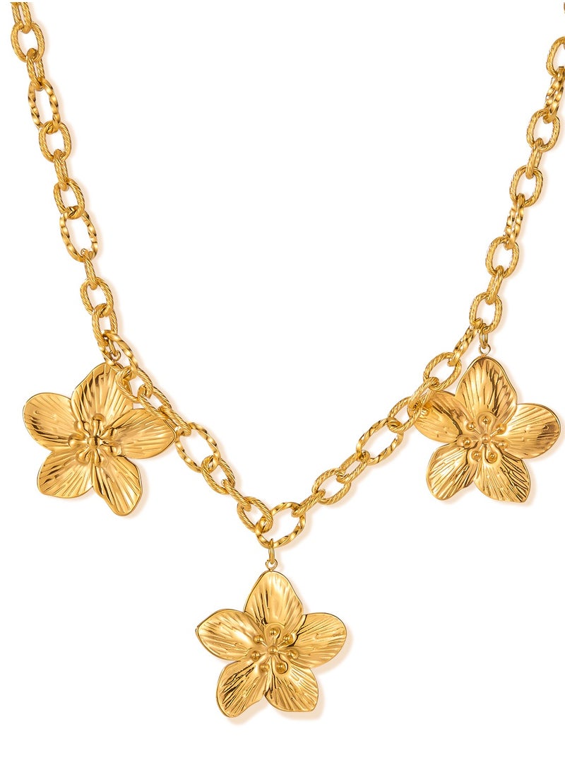 Generic Delicate 3D Floral Necklace for Women - Elegant Gold-Tone Stainless Steel Flower Chain - Dainty Layered Blossom Pendant Jewelry - Adjustable Feminine Gift 