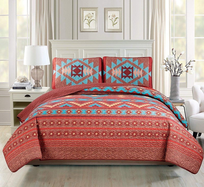 Western Essence Rustic Western Southwest Native American Indian Tribal Navajo Quilted Bedspread Set in Turquoise Red Burgundy Orange and Brown Austin Brown (Twin) - Image 1