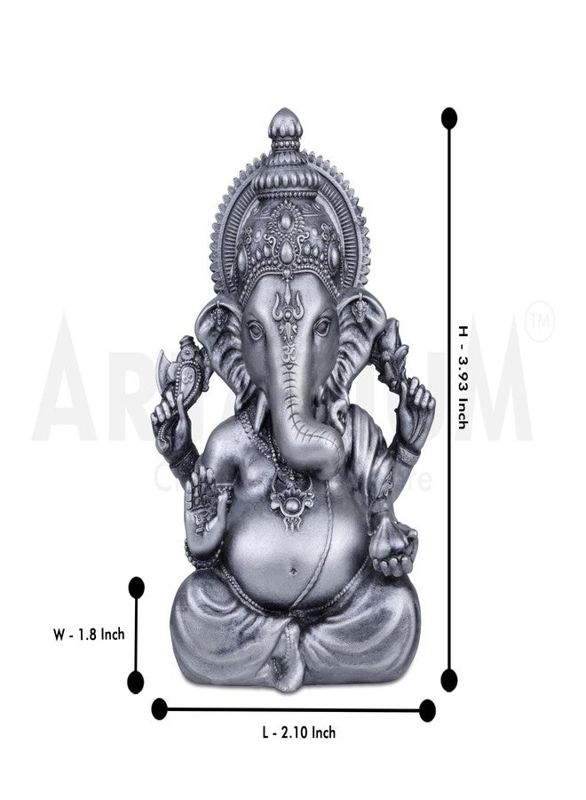 Artarium Small Vighnaharta Ganesha Idol Murti، تمثال الجلوس Vinayaka Ganapati للوحة قيادة السيارة، Puja Ghar، تدفئة المنزل، هدية فريدة لحفلات الزفاف وعيد الميلاد، منحوتة - فضي - Image 4