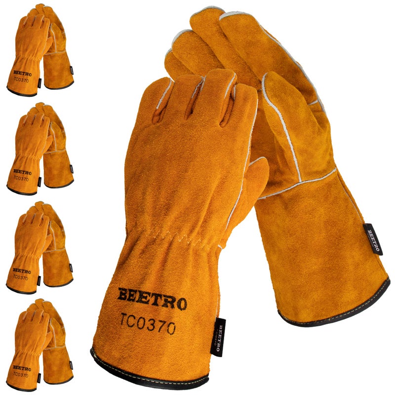 BEETRO Welding Gloves 5 Pairs Cow Leather ForgeMigStickTig Welder HeatFire Resistant Mitts for OvenGrillFireplaceFurnaceStovePot HolderWood BurnerAnimal handling glove with Soft Lining