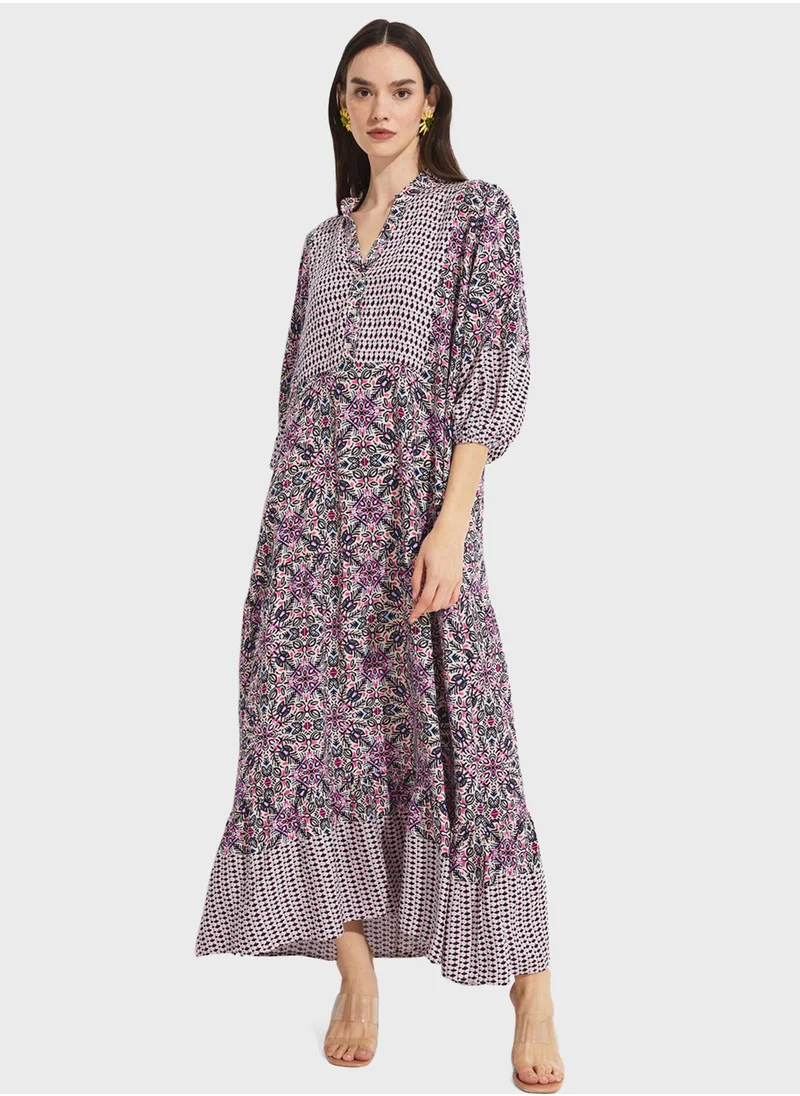 JUNE Balloon Sleeve V-Neck Button Detail Dress