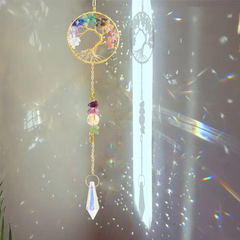 VNVETYTO شجرة الحياة الكريستالية المصنوعة يدويًا من 7 شكرات لالتقاط أشعة الشمس، معلقة لنوافذ السيارات، صانع قوس قزح روحي، فراشة، ديكور داخلي للحديقة، منزل