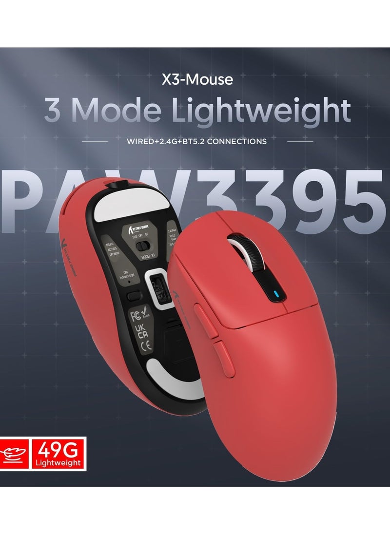 Attack Shark - X3 Lightweight Wireless Gaming Mouse with Tri-Mode 2.4G/USB-C Wired/Bluetooth,Up to 26K DPI, PAW3395 Optical Sensor,5 programmable Buttons for PC/Laptop/Win/Mac - Image 1