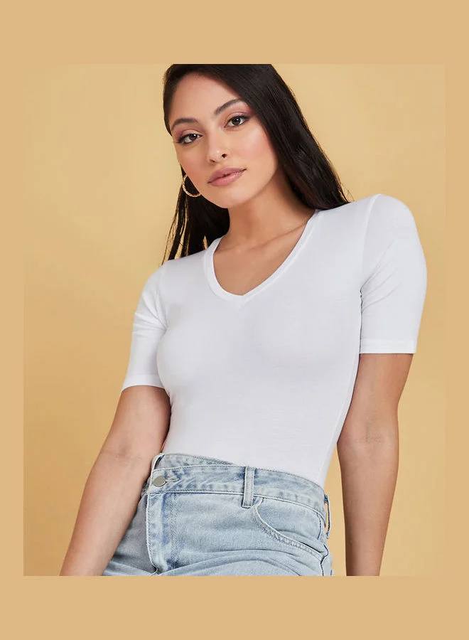 Styli Short Sleeves V Neck Fitted Bodysuit