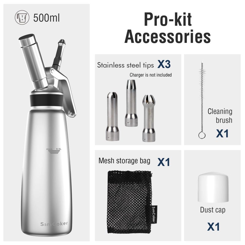 SimCoker Whipped Cream Dispenser, Aluminum Cream Whipper 500mL/1 Pint,3 Stainless Decorating Nozzles,1 Brush,1Storage Bag,Homemade Cream Maker,N2O Chargers Not Included,Silver - Image 4