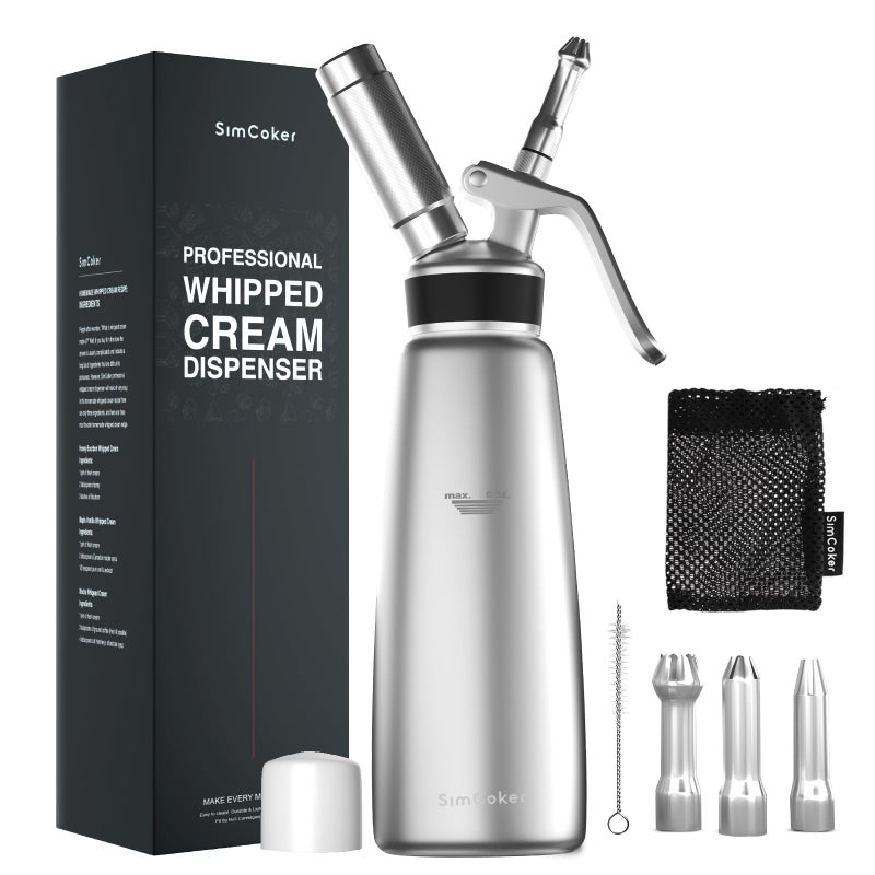 SimCoker Whipped Cream Dispenser, Aluminum Cream Whipper 500mL/1 Pint,3 Stainless Decorating Nozzles,1 Brush,1Storage Bag,Homemade Cream Maker,N2O Chargers Not Included,Silver - Image 1