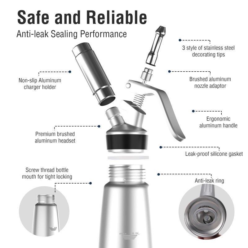 SimCoker Whipped Cream Dispenser, Aluminum Cream Whipper 500mL/1 Pint,3 Stainless Decorating Nozzles,1 Brush,1Storage Bag,Homemade Cream Maker,N2O Chargers Not Included,Silver - Image 5