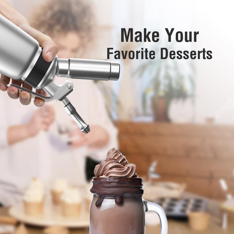 SimCoker Whipped Cream Dispenser, Aluminum Cream Whipper 500mL/1 Pint,3 Stainless Decorating Nozzles,1 Brush,1Storage Bag,Homemade Cream Maker,N2O Chargers Not Included,Silver - Image 3