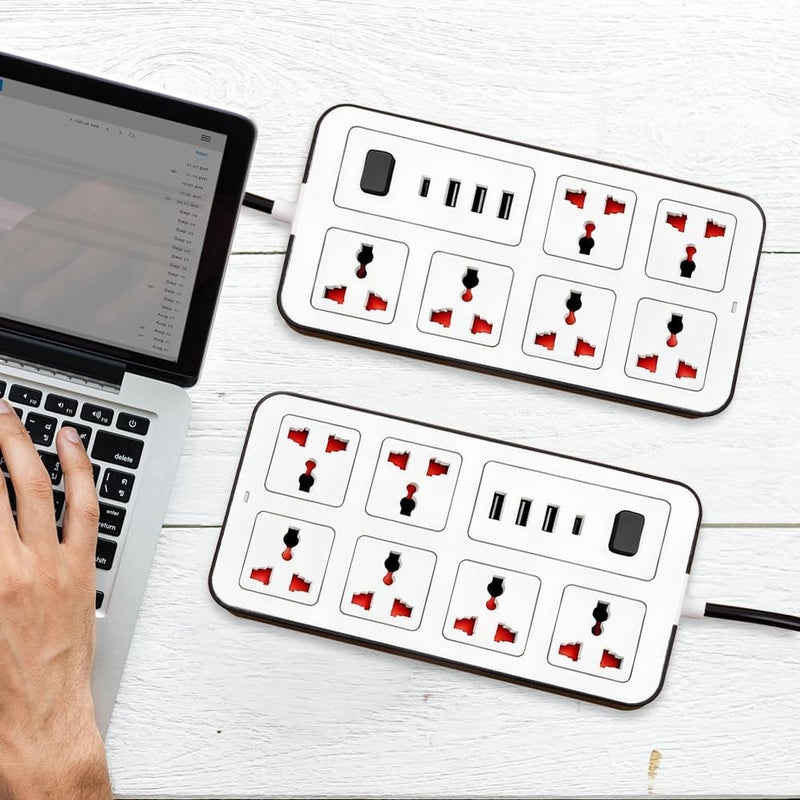 نكومي مقبس تمديد سلك الطاقة العالمي، محول قابس حائط نيكومي، مع (2.1A) 3 منافذ USB، 1 منفذ Type C و6 مجموعات من منافذ الطاقة الذكية، حماية من زيادة التيار، سلك طاقة بقابس بريطاني للمكتب المنزلي (2 متر/أبيض) - Image 4