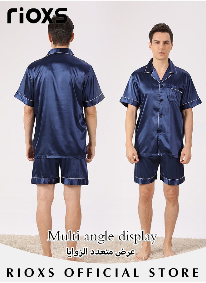 RIOXS - Men's 2 Pcs Satin Pajamas Set Silk Short Sleeve Top And Shorts Button Up Sleepwear Classic Loungewear Nightwear Pjs Set - Image 1