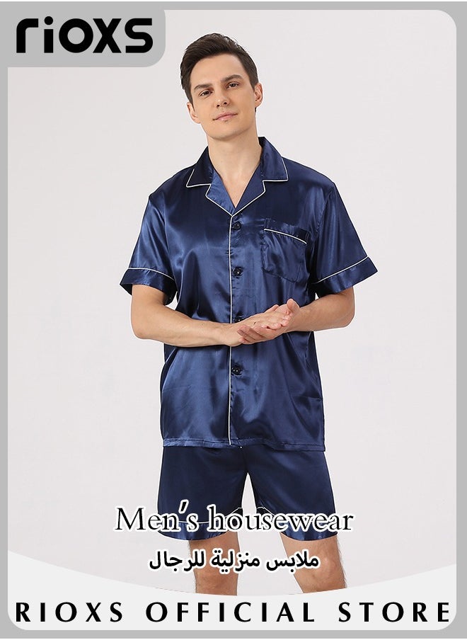 RIOXS - Men's 2 Pcs Satin Pajamas Set Silk Short Sleeve Top And Shorts Button Up Sleepwear Classic Loungewear Nightwear Pjs Set - Image 1