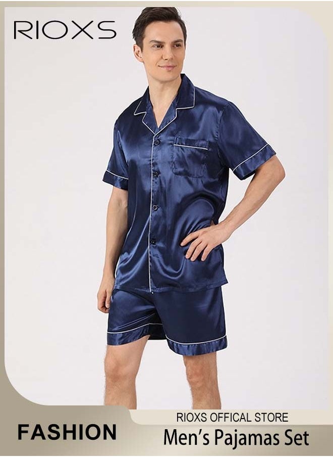 RIOXS - Men's 2 Pcs Satin Pajamas Set Silk Short Sleeve Top And Shorts Button Up Sleepwear Classic Loungewear Nightwear Pjs Set - Image 1
