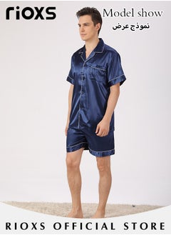 RIOXS Men's 2 Pcs Satin Pajamas Set Silk Short Sleeve Top And Shorts Button Up Sleepwear Classic Loungewear Nightwear Pjs Set  - Image 4