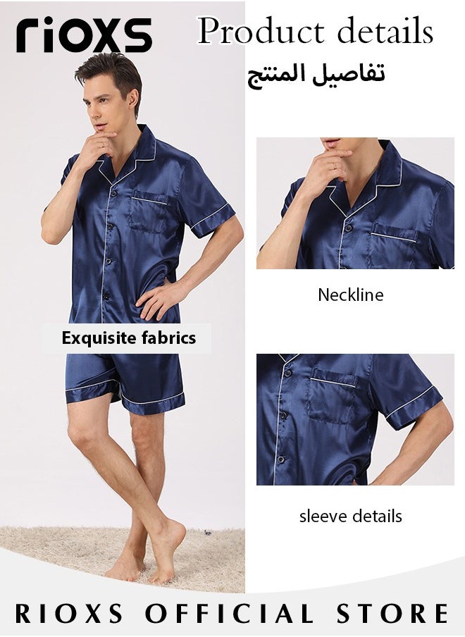 RIOXS - Men's 2 Pcs Satin Pajamas Set Silk Short Sleeve Top And Shorts Button Up Sleepwear Classic Loungewear Nightwear Pjs Set - Image 1