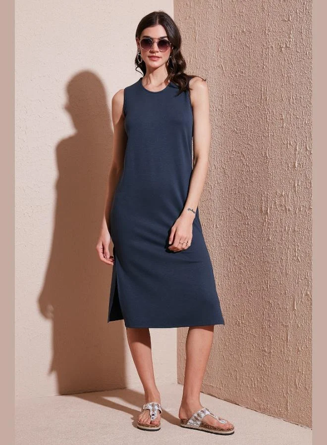Lela Lela Regular Fit Crew Neck Slit Detailed Basic Midi Dress Women's DRESS 5866160