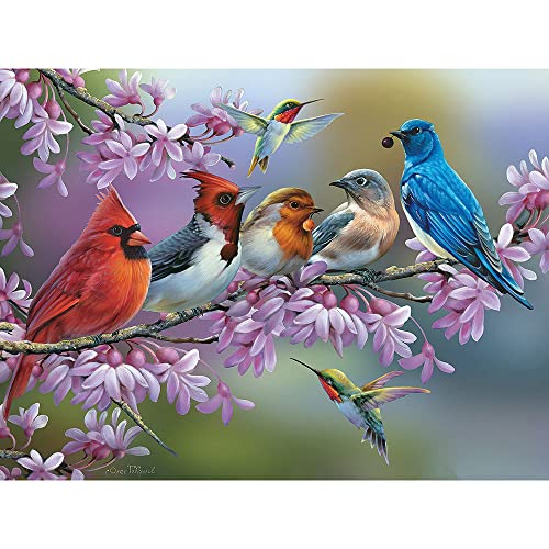 Bits and Pieces 500 Piece Jigsaw Puzzle for Adults Birds On A Flowering Branch Cardinals Bluebird Hummingbird Flowers Jigsaw Puzzle by Artist Oleg Gavrilov Completed Puzzle Size 18 x 24 - Image 1