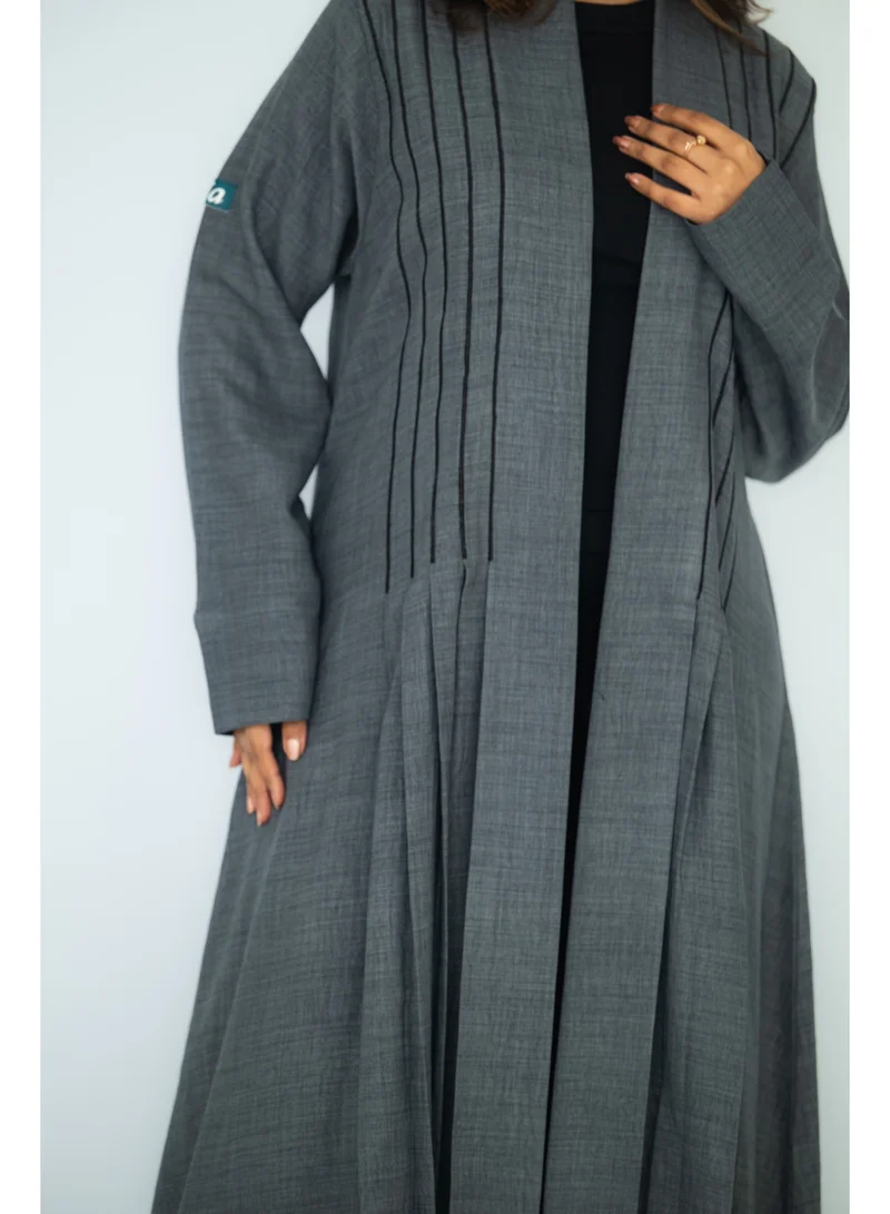 via abaya Grey Linen with Black Embroidery Abaya