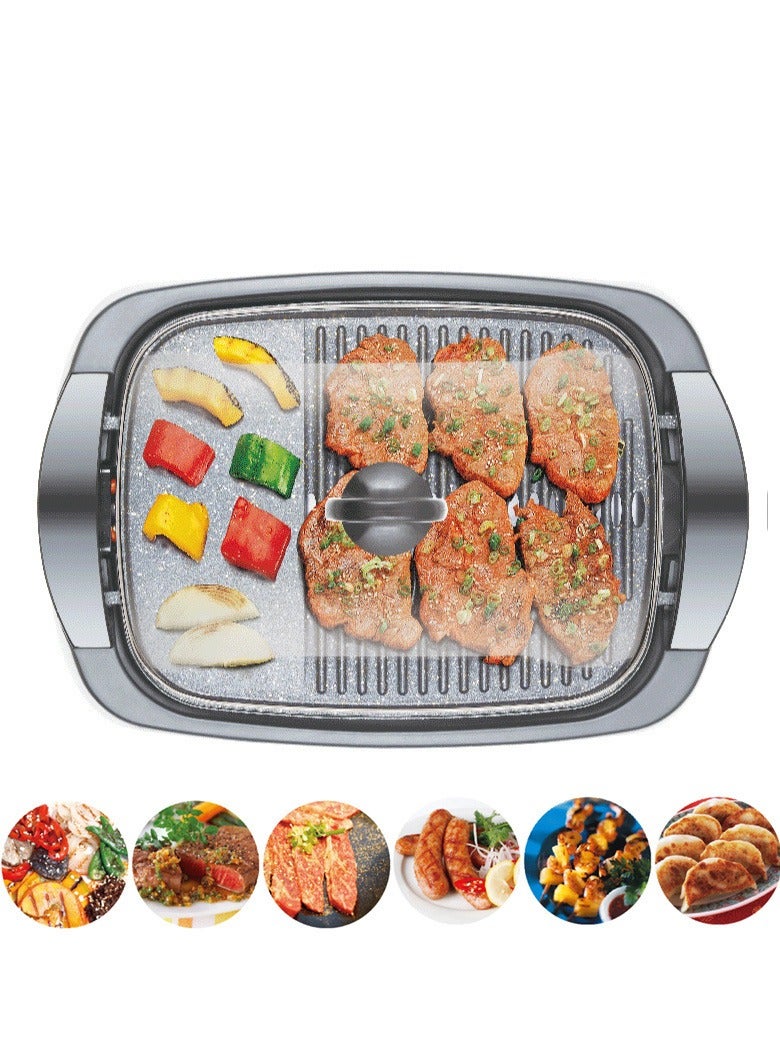 Smokeless Indoor Electric Grill & BBQ Pan – Non-Stick Ceramic Dual Surface, Adjustable Temp (240°F-455°F), Removable Drip Tray, Tempered Glass Lid – Healthy Grilling for Steak, Burgers, Seafood (1460W, 14-20cm, 4.7kg, 220V)  - Image 1