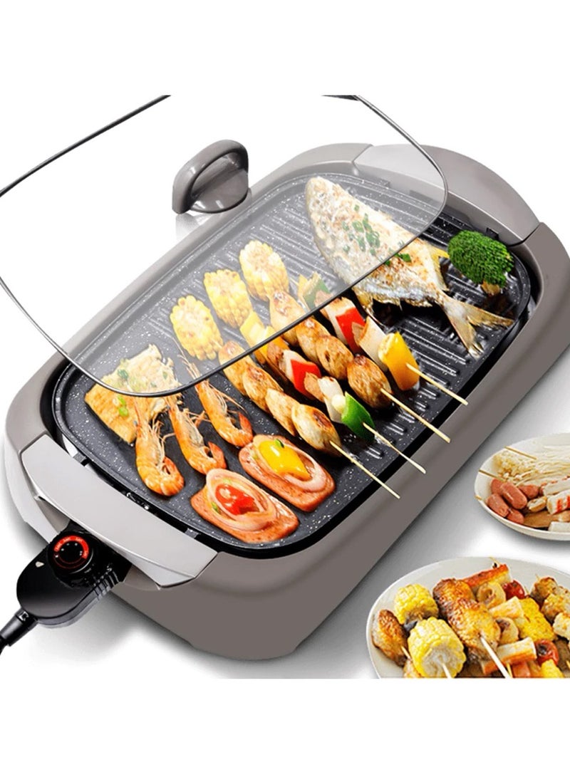Smokeless Indoor Electric Grill & BBQ Pan – Non-Stick Ceramic Dual Surface, Adjustable Temp (240°F-455°F), Removable Drip Tray, Tempered Glass Lid – Healthy Grilling for Steak, Burgers, Seafood (1460W, 14-20cm, 4.7kg, 220V)  - Image 3