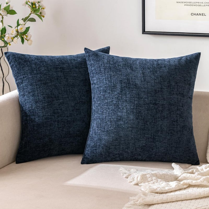 EMEMA Square Throw Pillow Covers 20"x20" Inch Set of 2 Decorative Couch Pillow Covers Chenille Modern Solid Pillowcases for Sofa Bedroom Navy Blue 50x50CM(Only Covers) - Image 1