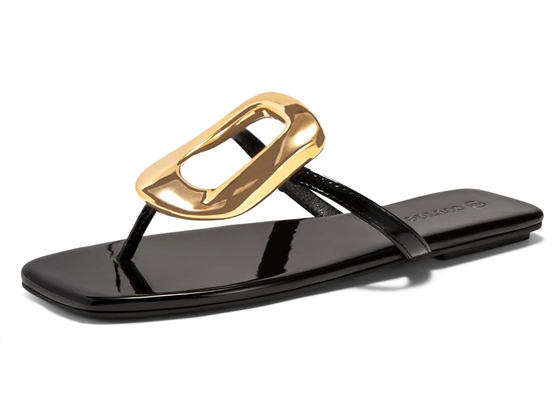 Coutgo Womens Flat Sandals Comfortable Flip Flops Slide Sandals Summer Beach Shoes with Metal Decoration, Black, size 9 - Image 1