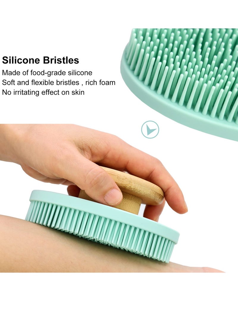 Food Grade Soft Silicone Body Scrubber with Non Slip Bamboo Handle for Gentle Exfoliation and Lathering in Blue - Image 4