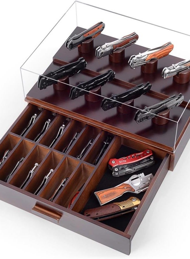 ULTRGEE Knife Display Case, Pocket Knife Collection Display Holder, Folding Knife Wooden Showcase Display Organizer Storage with Drawers and Acrylic Cover, Surprise Gift for Men - Image 1