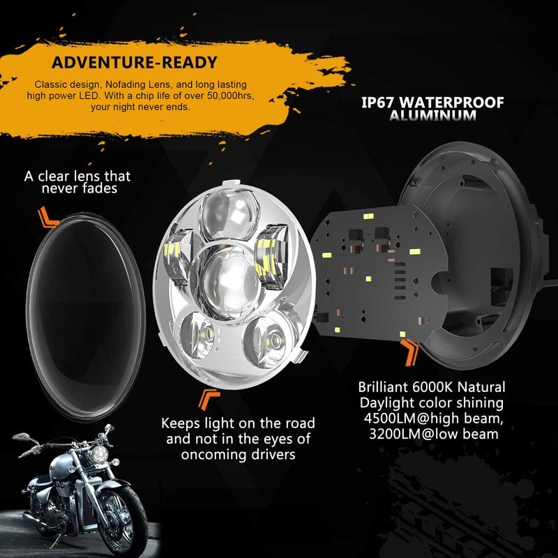 SUNPIE 5-3/4 5.75 inch Silver Aluminum Metal Head light Compatible with Sportster, Compatible with H_arley Motorcycles XL883/XL1200 Glide Deuce Street 500/Street 750 - Image 5