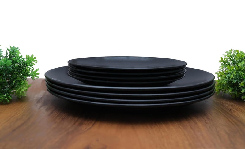 Amar Industries Melamine Dinner Set Matte Black Spiral Design Elegant Unabreakable Durable Stylish Full Plates and Half Plates Set of 8 - Image 1