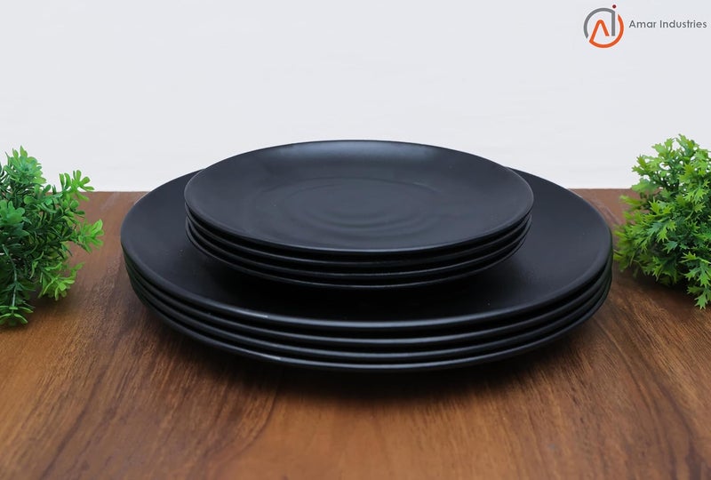 Amar Industries Melamine Dinner Set Matte Black Spiral Design Elegant Unabreakable Durable Stylish Full Plates and Half Plates Set of 8 - Image 2