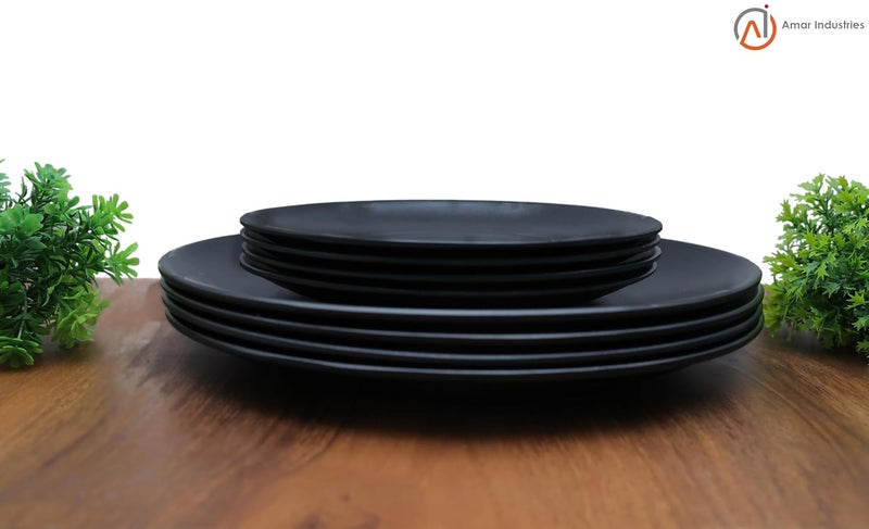 Amar Industries Melamine Dinner Set Matte Black Spiral Design Elegant Unabreakable Durable Stylish Full Plates and Half Plates Set of 8 - Image 3