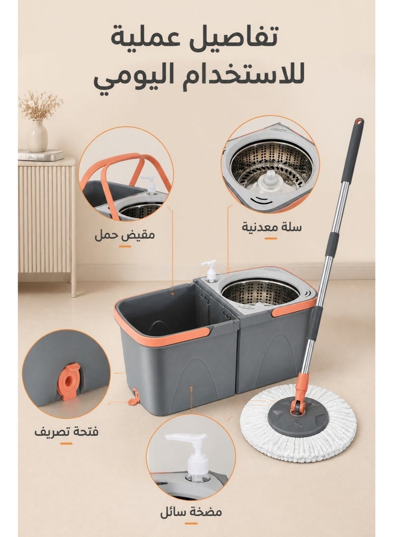 طقم ممسحة دوارة بزاوية 360 درجة لا تتطلب استخدام اليدين، مع دلو كبير قابل للفصل، ويشمل أربعة رؤوس بديلة. - Image 4