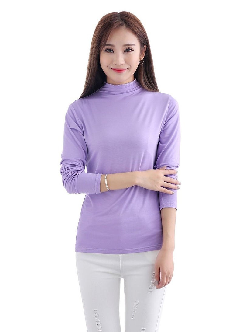 Loquat Lady's Solid Color Long Sleeve Turtle Neck Udershirt Base Layer Shirt Lavender Purple 