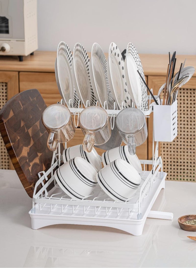 LOOPITYS 2-layer metal dishwashing rack, foldable dishwashing rack with drip tray, no installation required, multifunctional storage on kitchen countertop with drainage board - Image 1